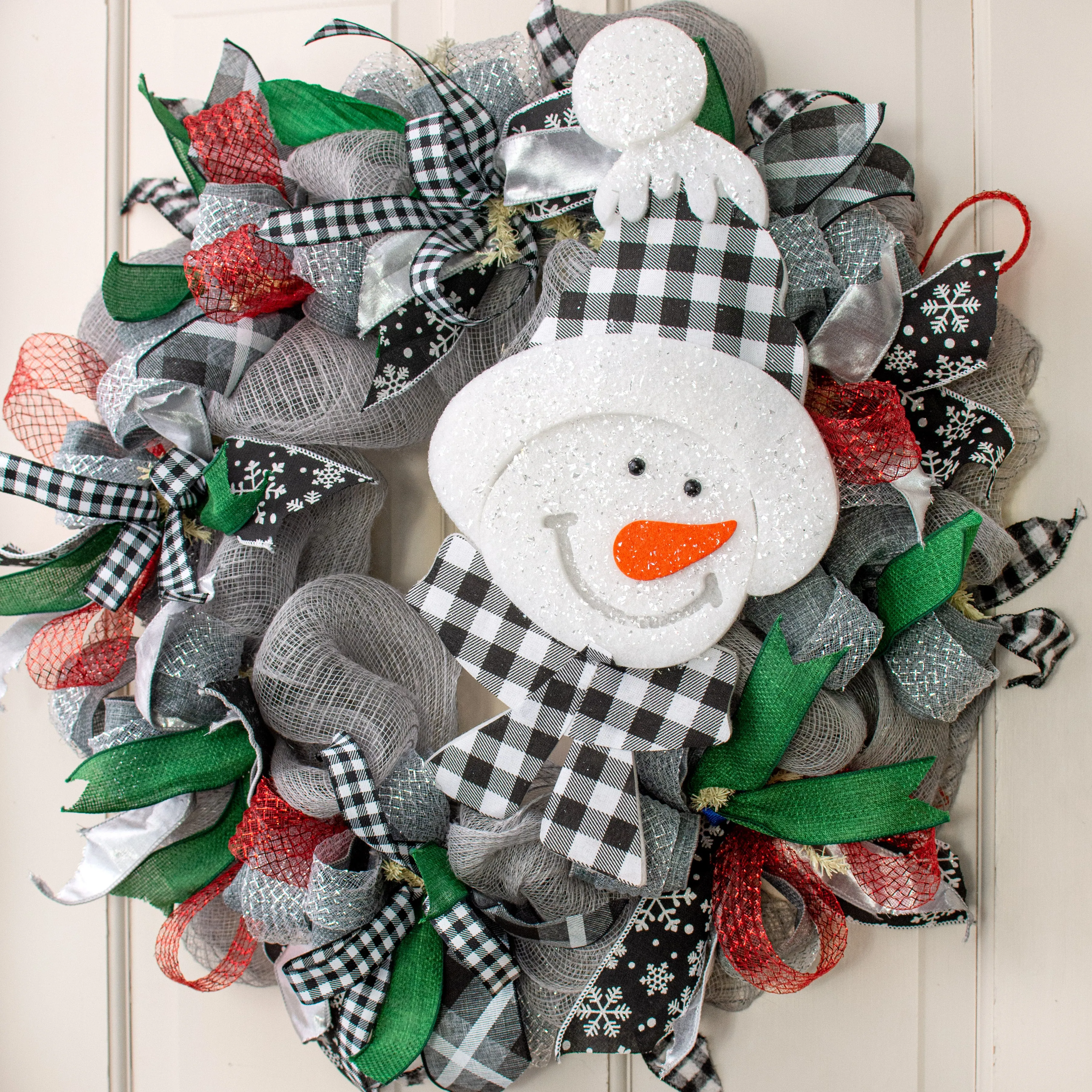 17" Foam & Fabric Snowman Head Ornament: Buffalo Check