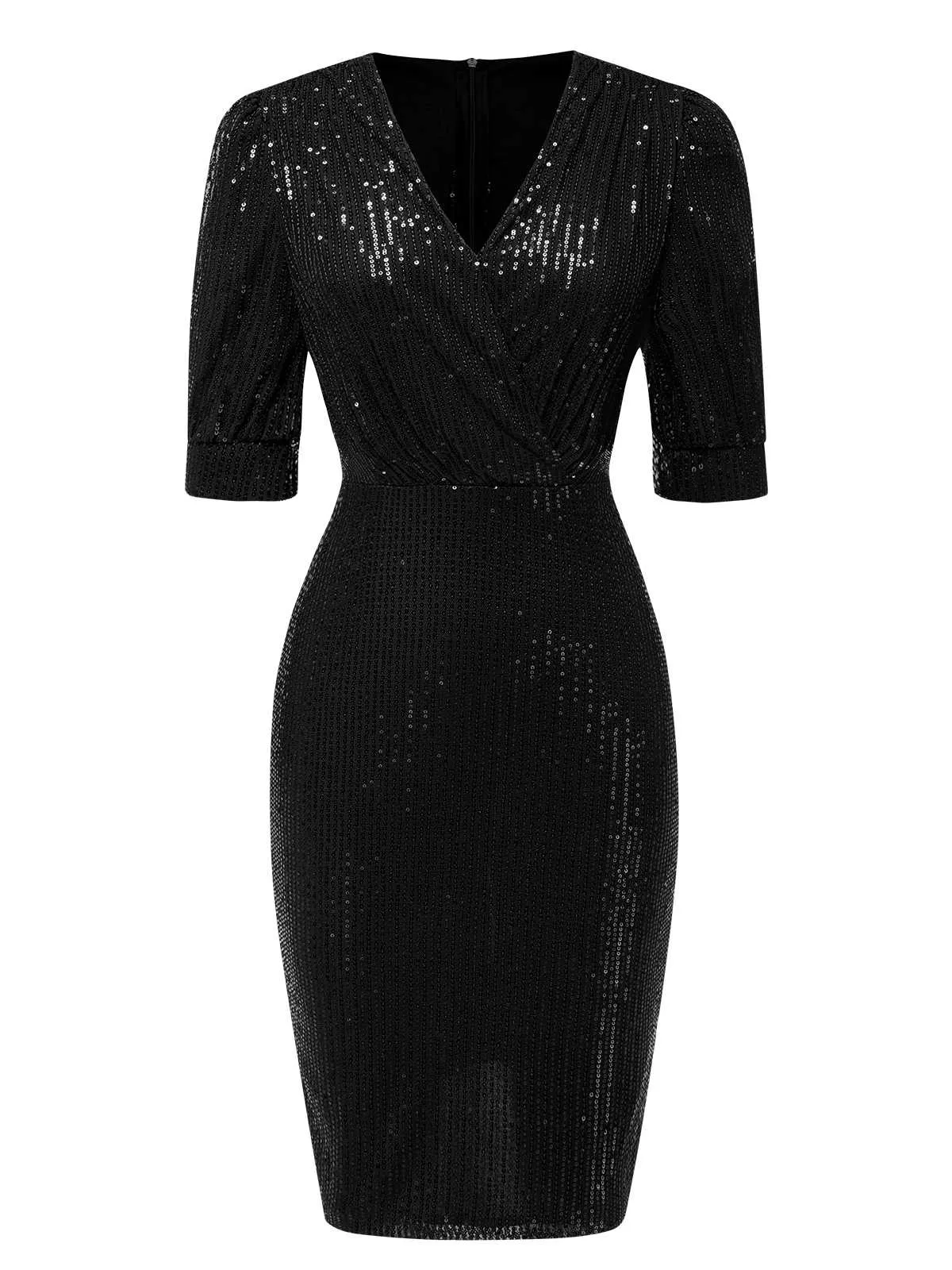 1960s V-Neck Sequined Half Sleeves Bodycon Dress