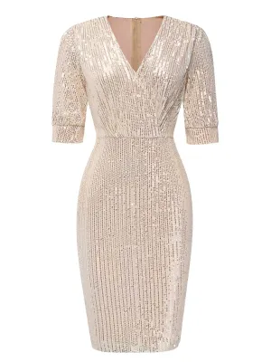 1960s V-Neck Sequined Half Sleeves Bodycon Dress