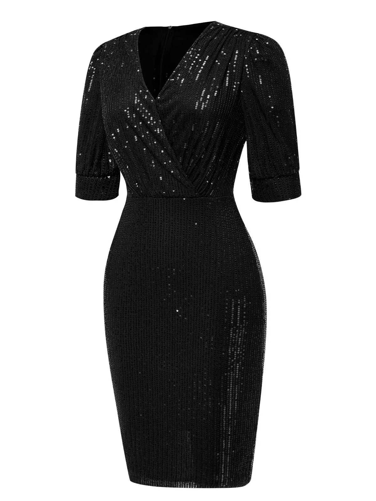 1960s V-Neck Sequined Half Sleeves Bodycon Dress