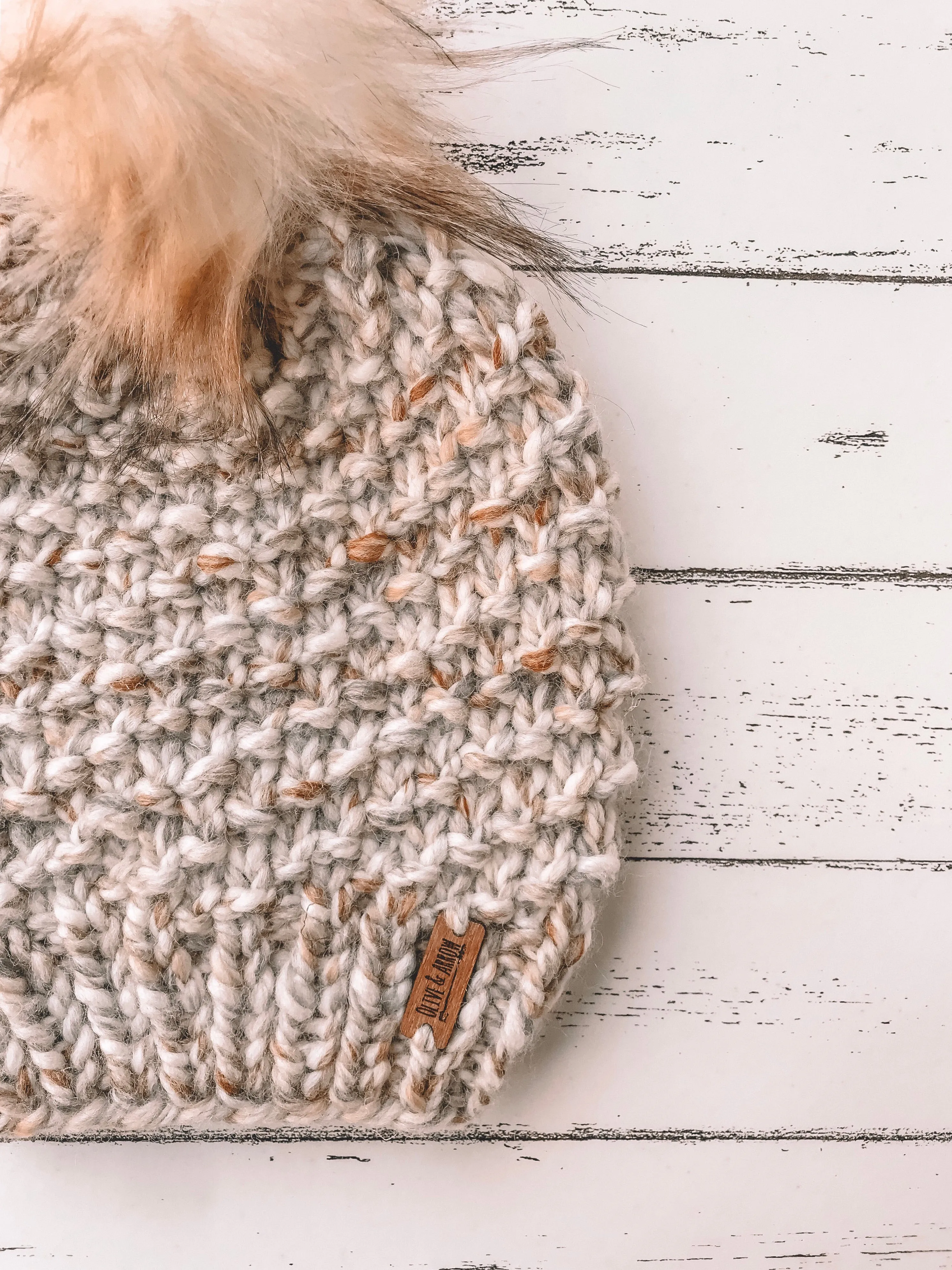 Adult Knitted Textured Beanie with Faux Fur Pom Pom // The Acadia - Fossil