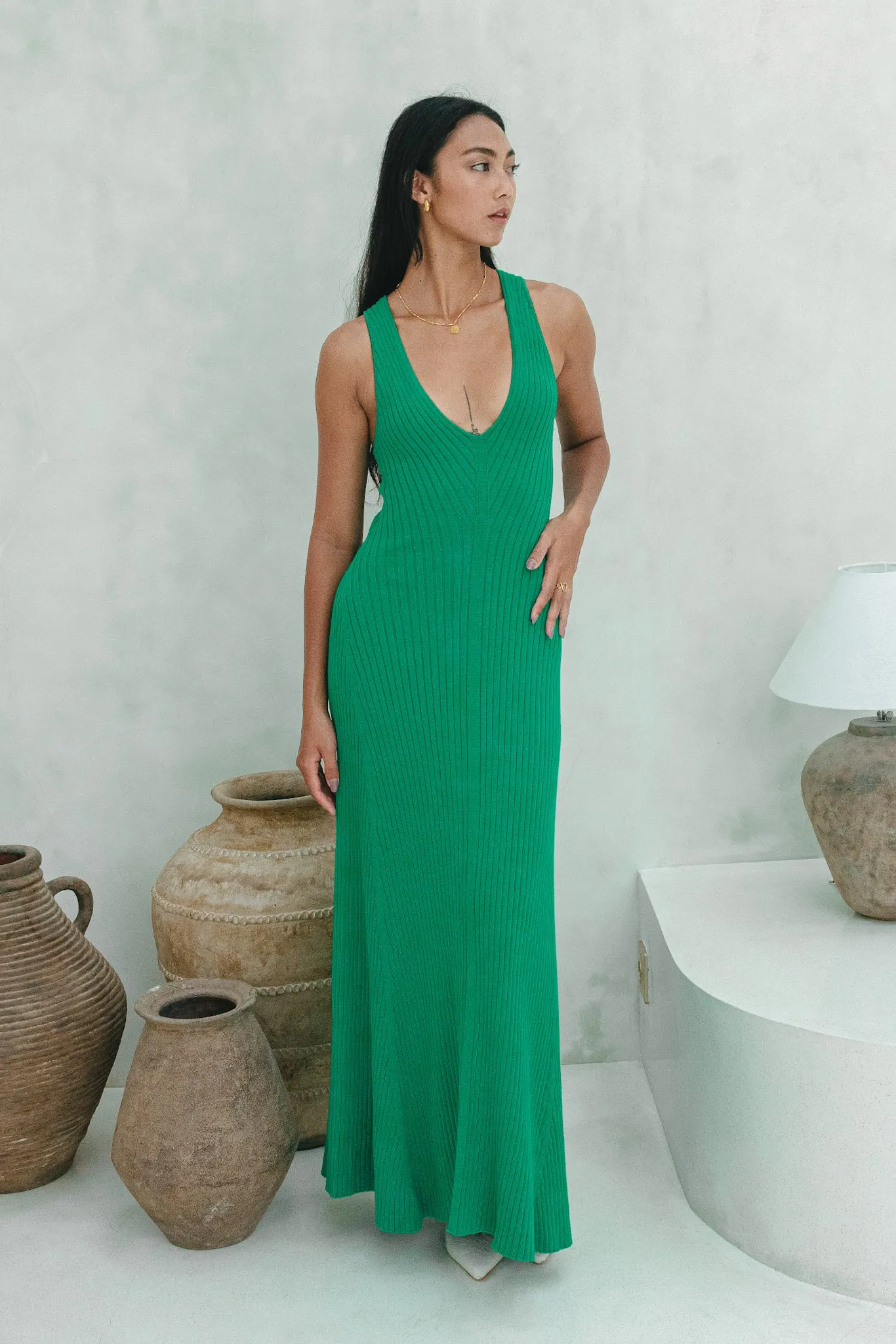 Amelia Green V-Neck Knit Maxi Dress