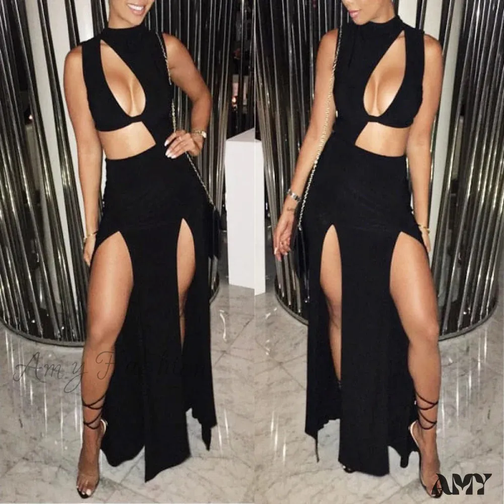 Amy Fashion - Lady Sleeveless Mock Side High Slit Cutout Dresses