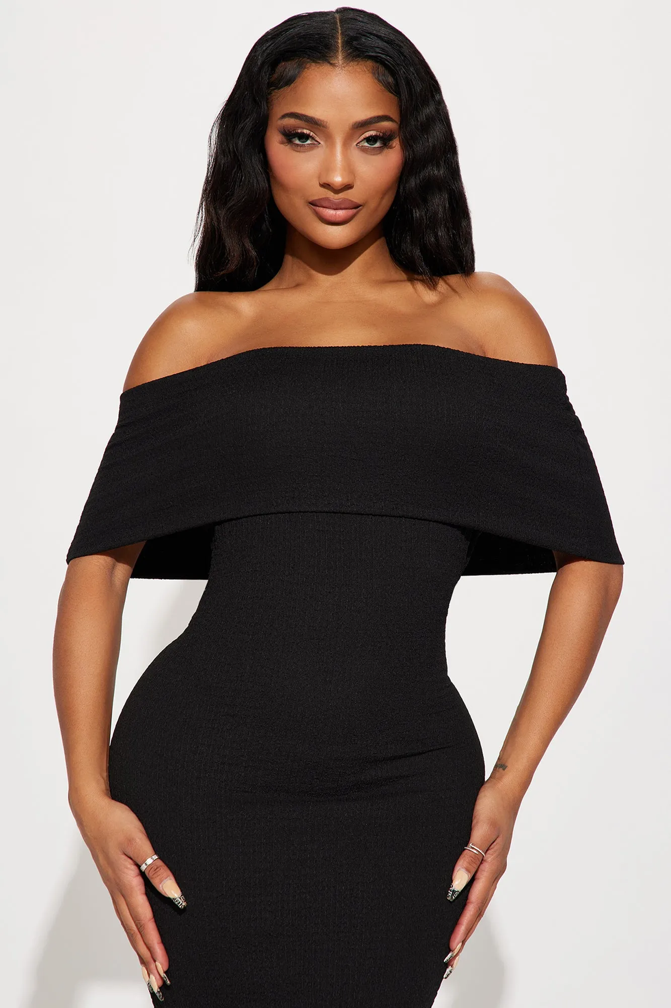 Ana Off Shoulder Midi Dress - Black