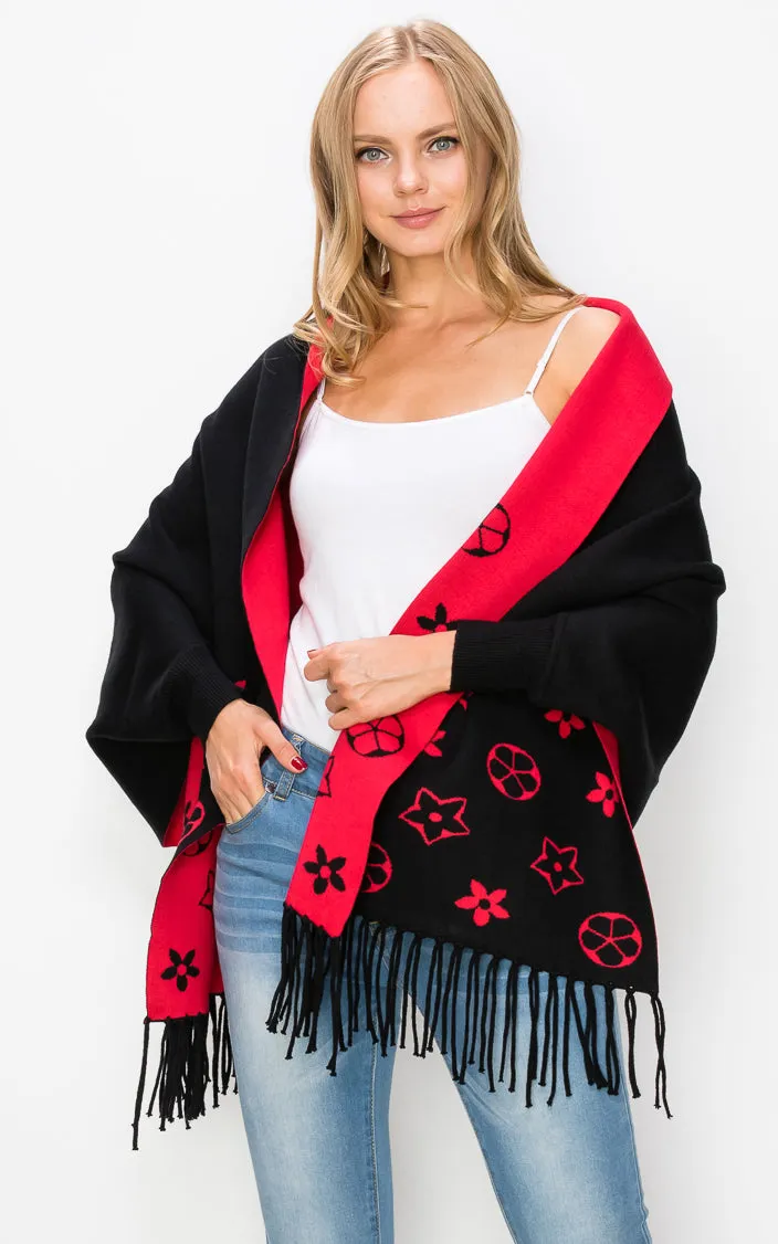 AV423 Double-Side Sleeve Cape Shawl with Fringe