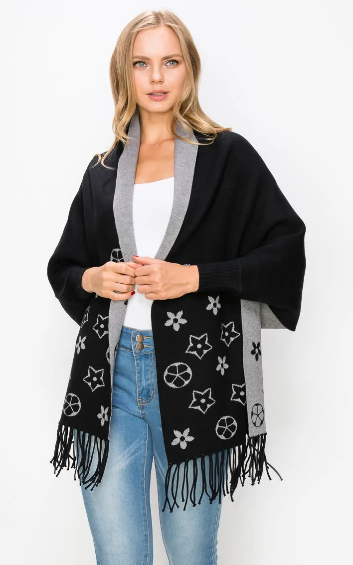 AV423 Double-Side Sleeve Cape Shawl with Fringe