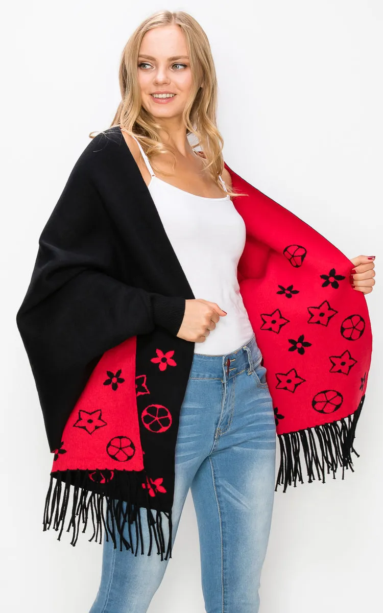 AV423 Double-Side Sleeve Cape Shawl with Fringe