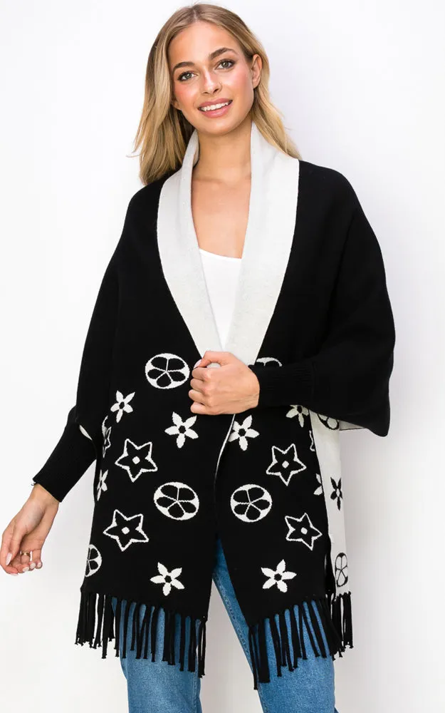 AV423 Double-Side Sleeve Cape Shawl with Fringe