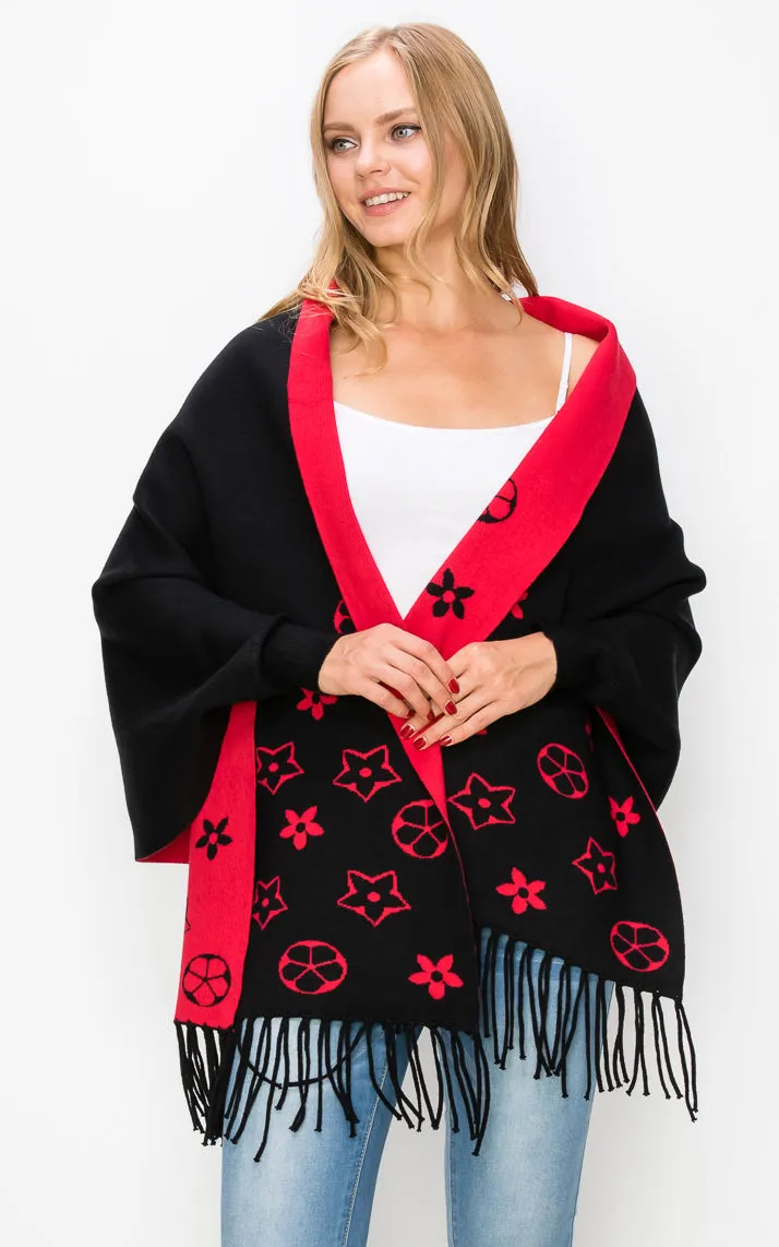 AV423 Double-Side Sleeve Cape Shawl with Fringe