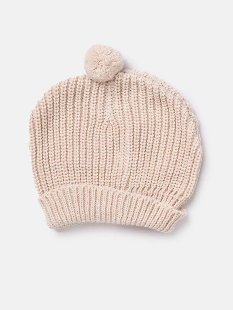 Baby Unisex Knitted Hat with Beige Pom-pom - Beige