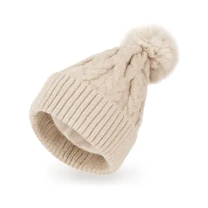 Baby Winter Knit Cotton Lined Pompom Hat | Beige