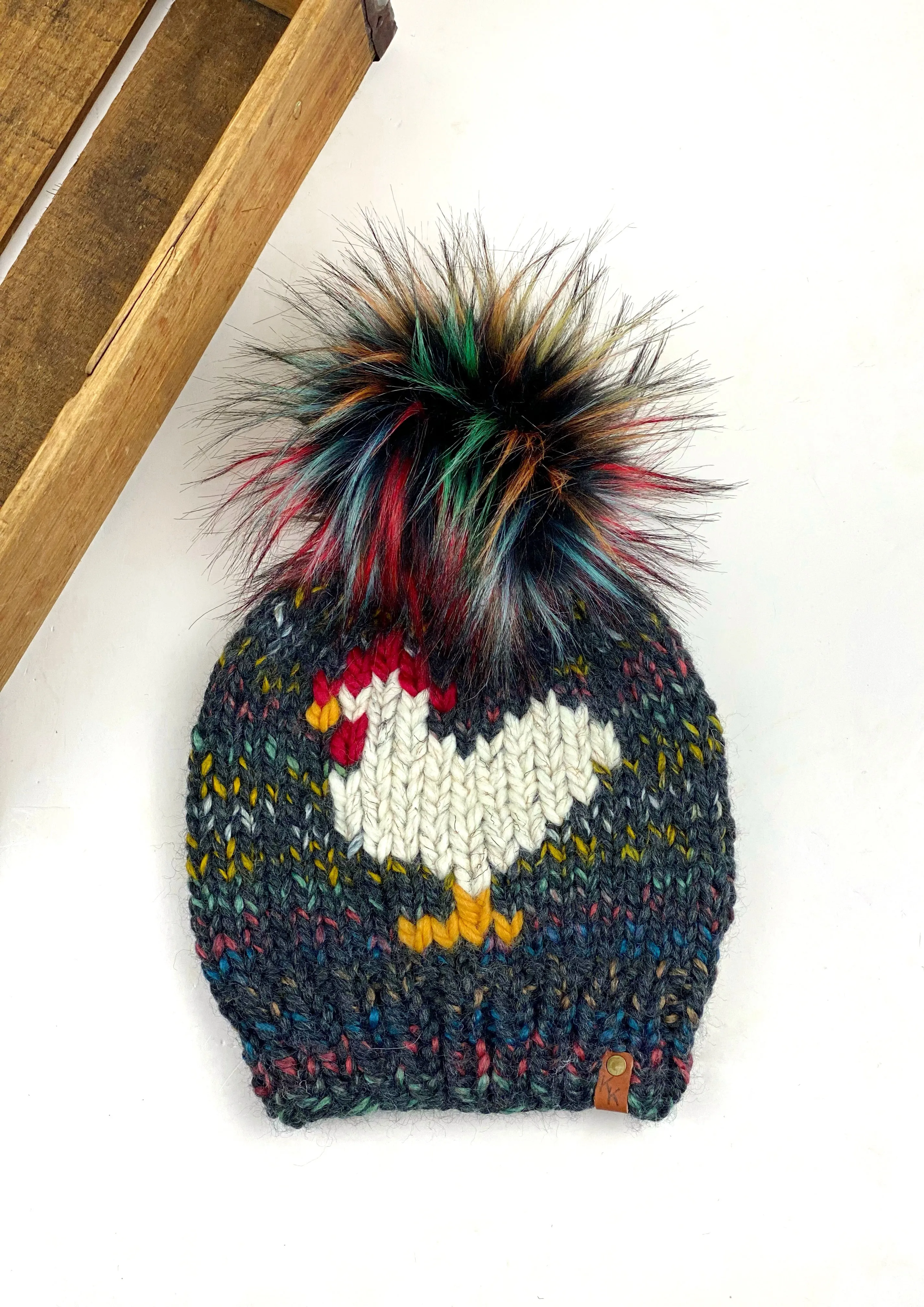 Bedrock Chicken Beanie Wool Blend Womens Adult Hat Faux Fur Pom Pom Hat