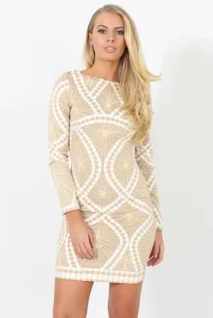 Beige Long Sleeve Bodycon Dress - Trudy