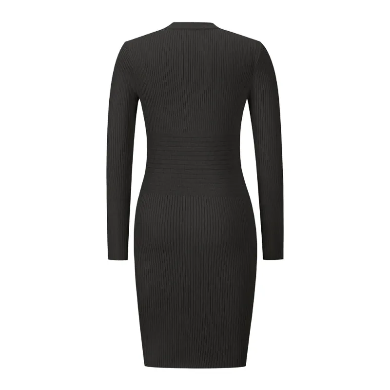 Black Ribbed Knit Dress V Neck Button Down Elegant Midi Dress