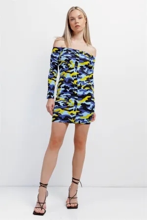 Blue Multicolor Camo Ribbed Off-The-Shoulder Button Down Bodycon Mini Dress /2-2-2