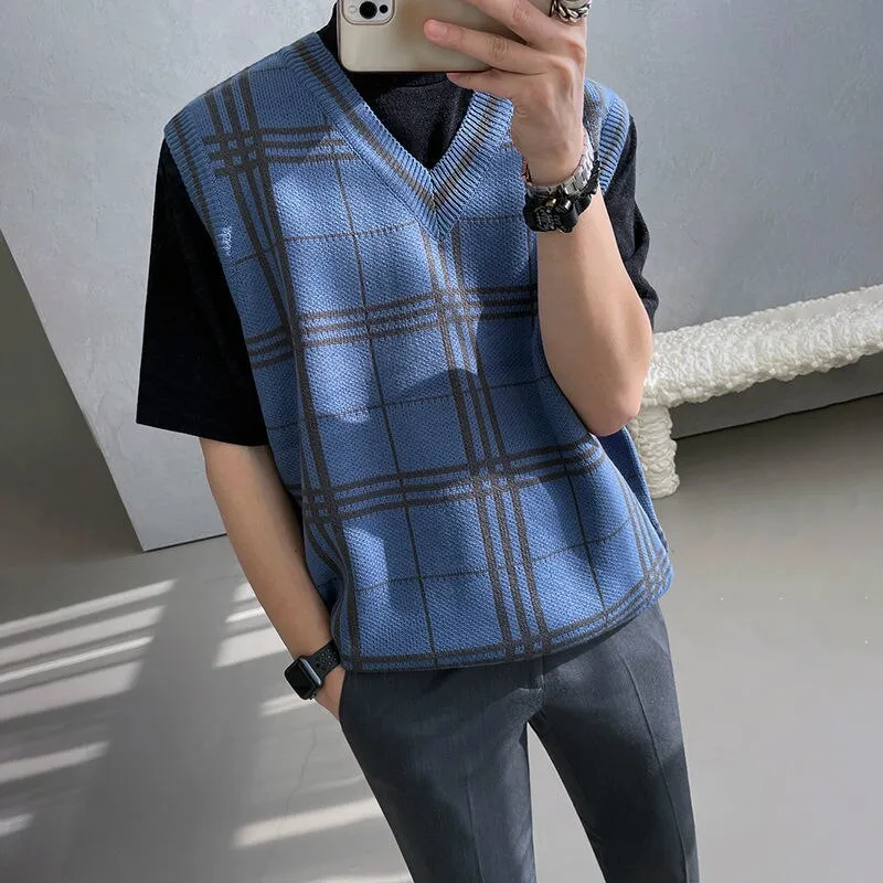 Bonsir Plaid Knitted Sweater Vest Men Autumn New Korean Fashion V-neck Sweater Vest College Style Loose Casua Harajuku Sweater