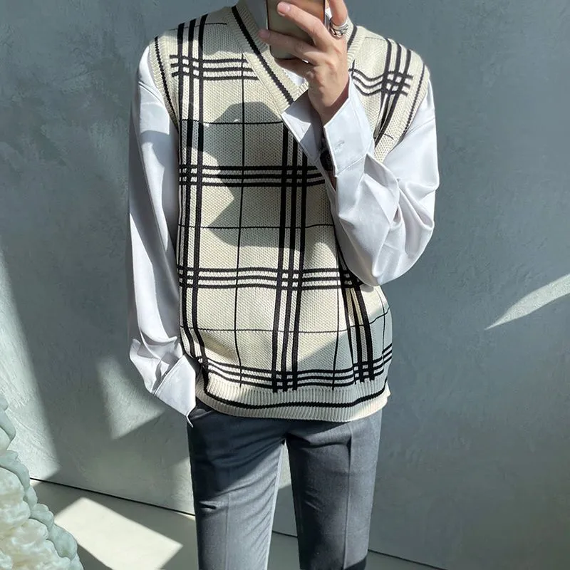 Bonsir Plaid Knitted Sweater Vest Men Autumn New Korean Fashion V-neck Sweater Vest College Style Loose Casua Harajuku Sweater