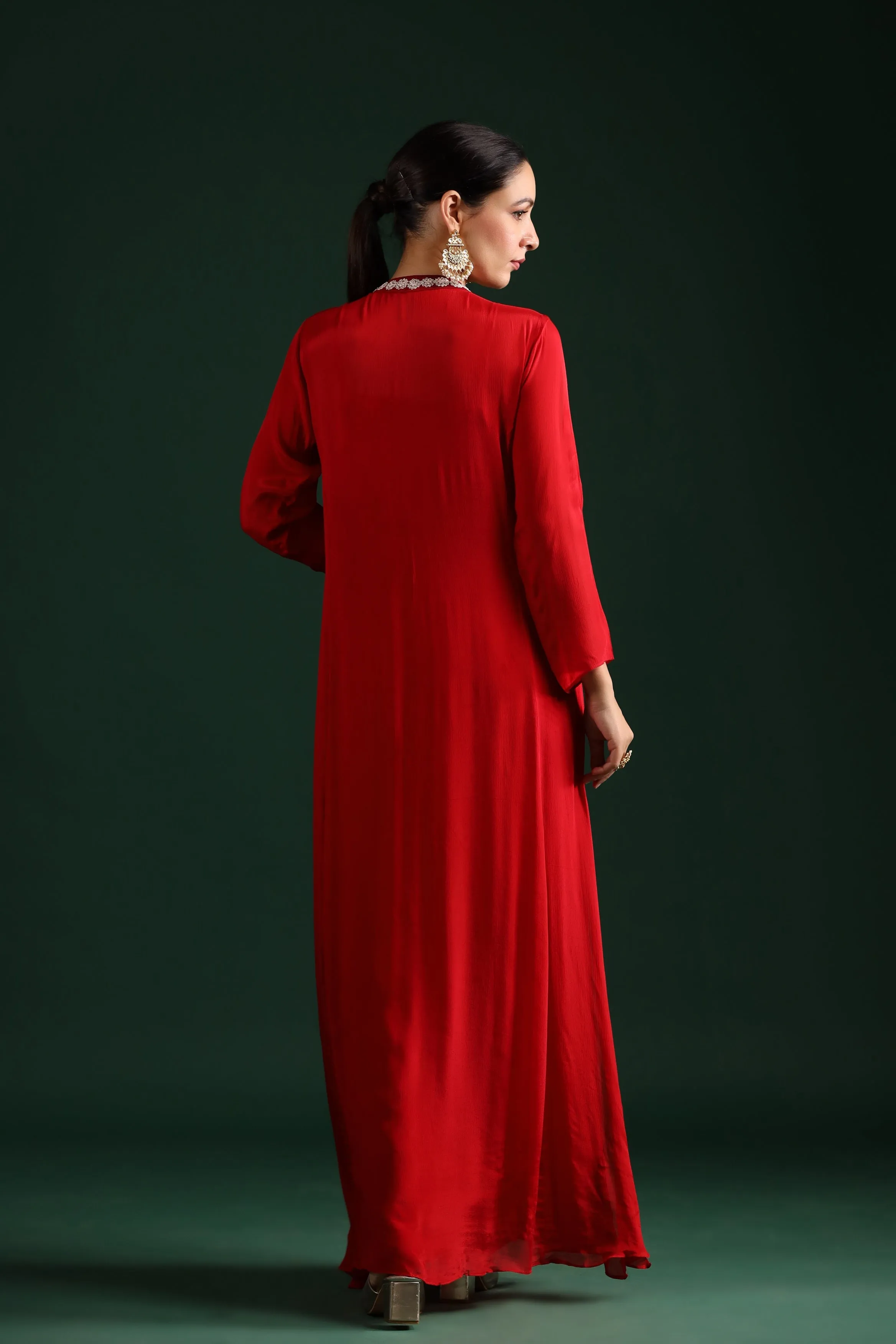 Bright Red Embellished Draped Cape Dress