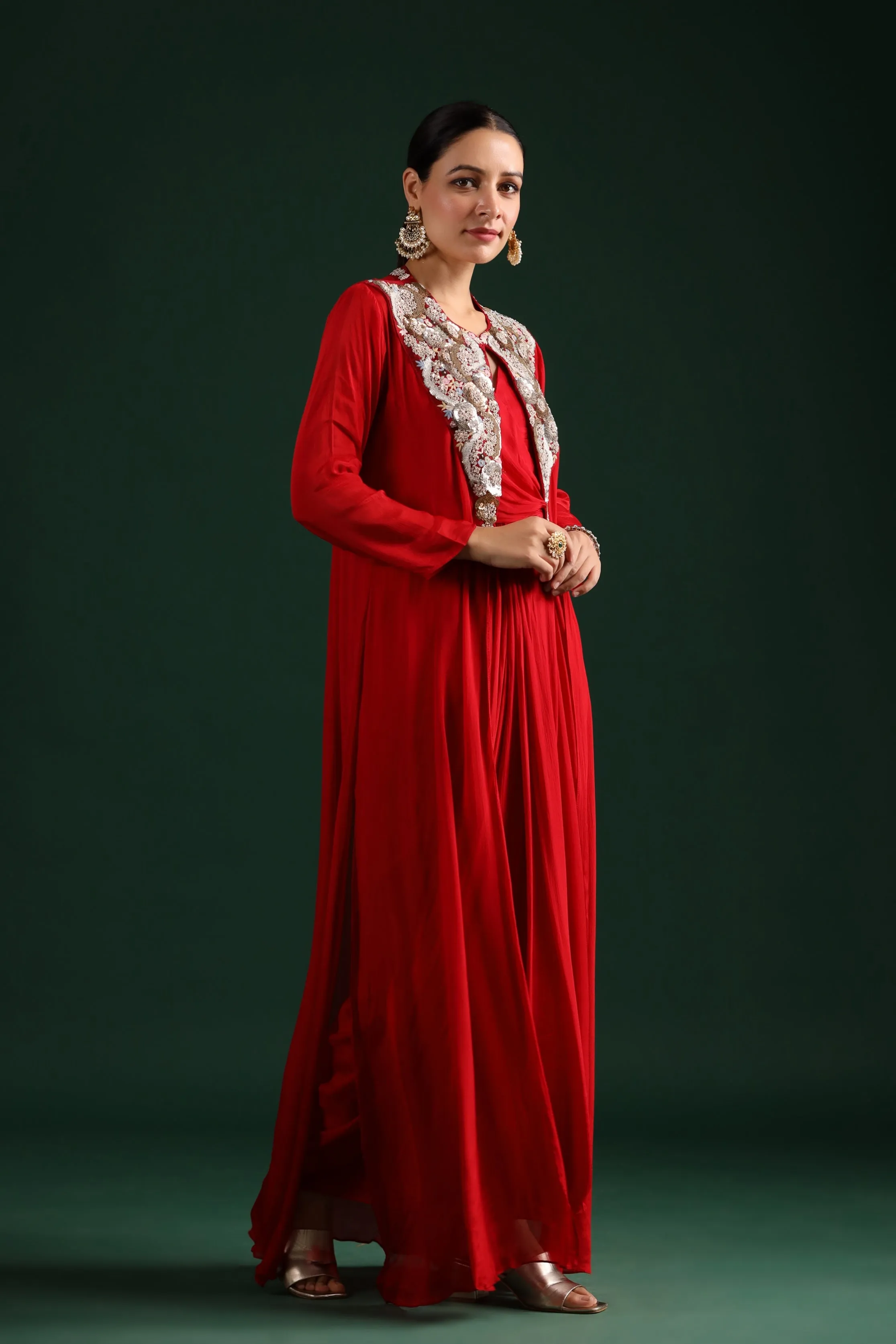 Bright Red Embellished Draped Cape Dress