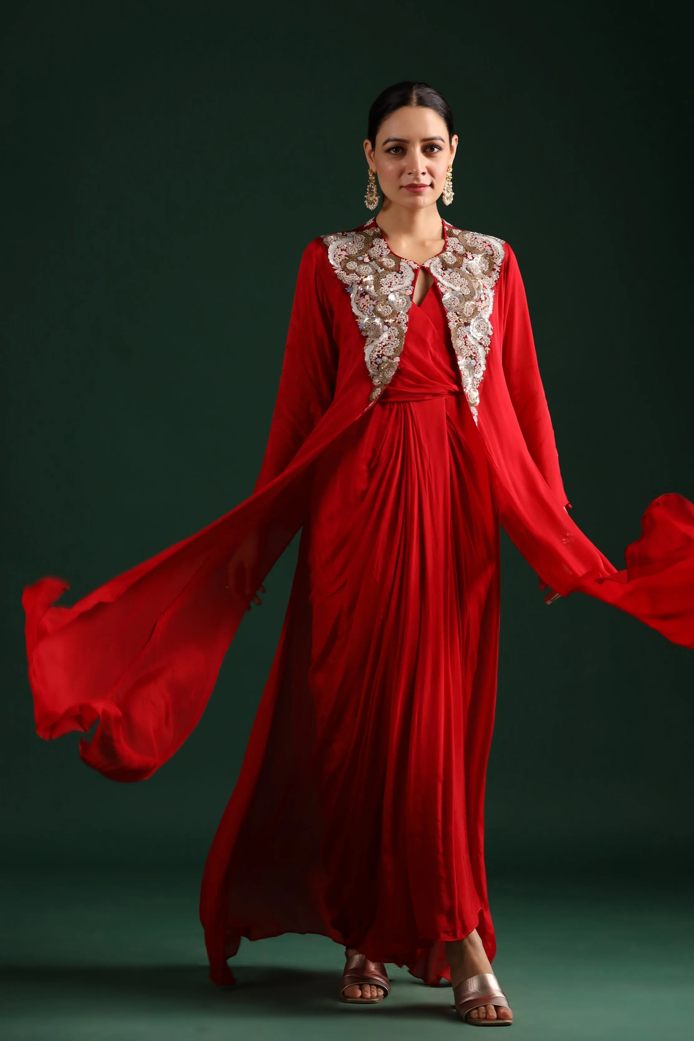 Bright Red Embellished Draped Cape Dress