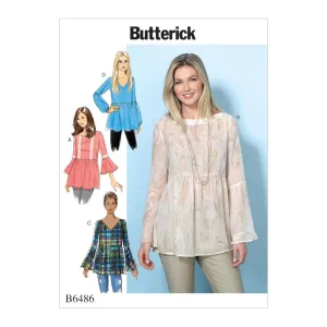 Butterick Pattern B6486 Misses' Loose-Fitting, Gathered Waist Pullover Tops with Bell Sleeves