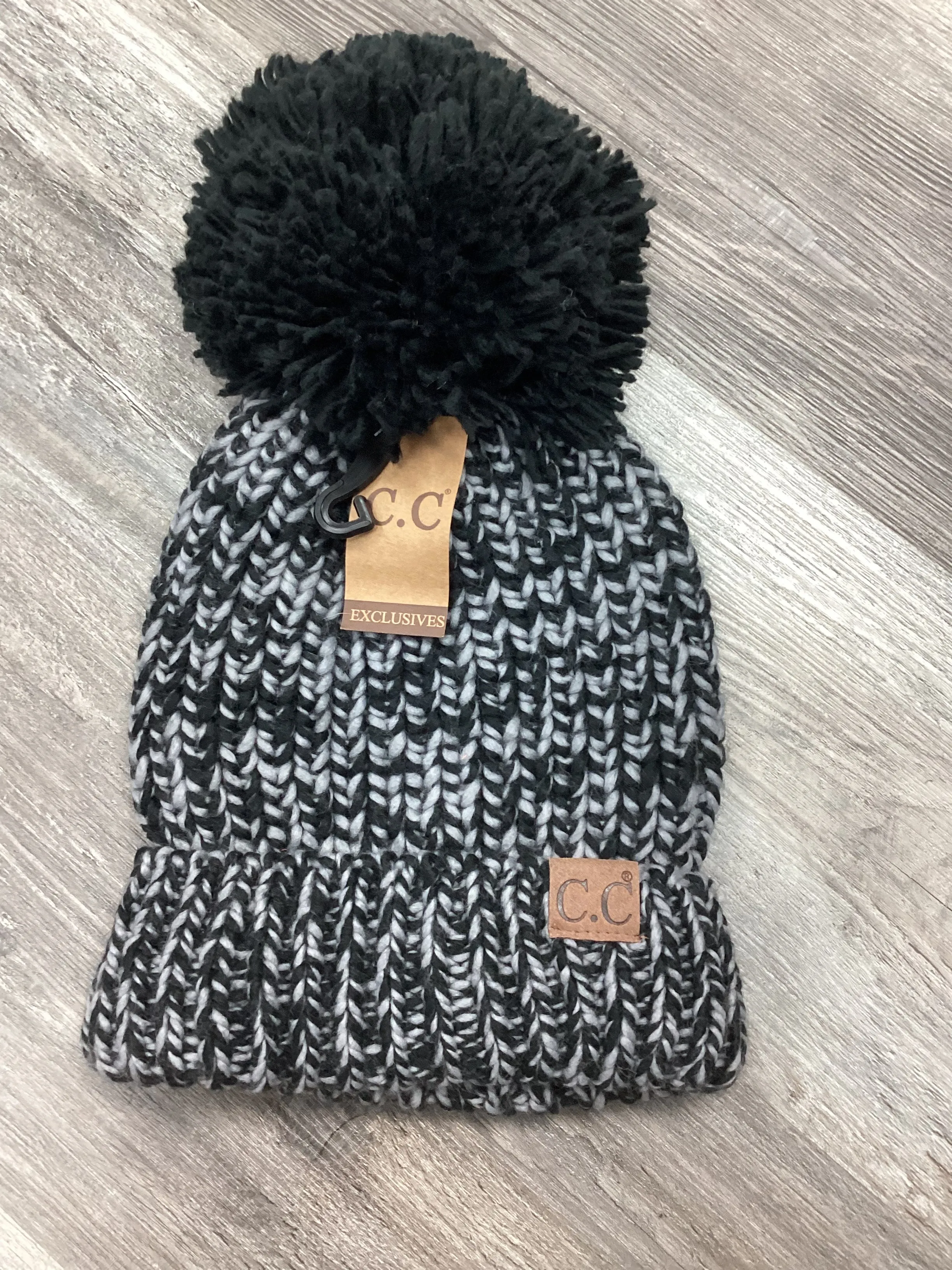 C.C Chunky knit Beanie Hat with pom pom - Turquoise/Grey or Blk/Grey