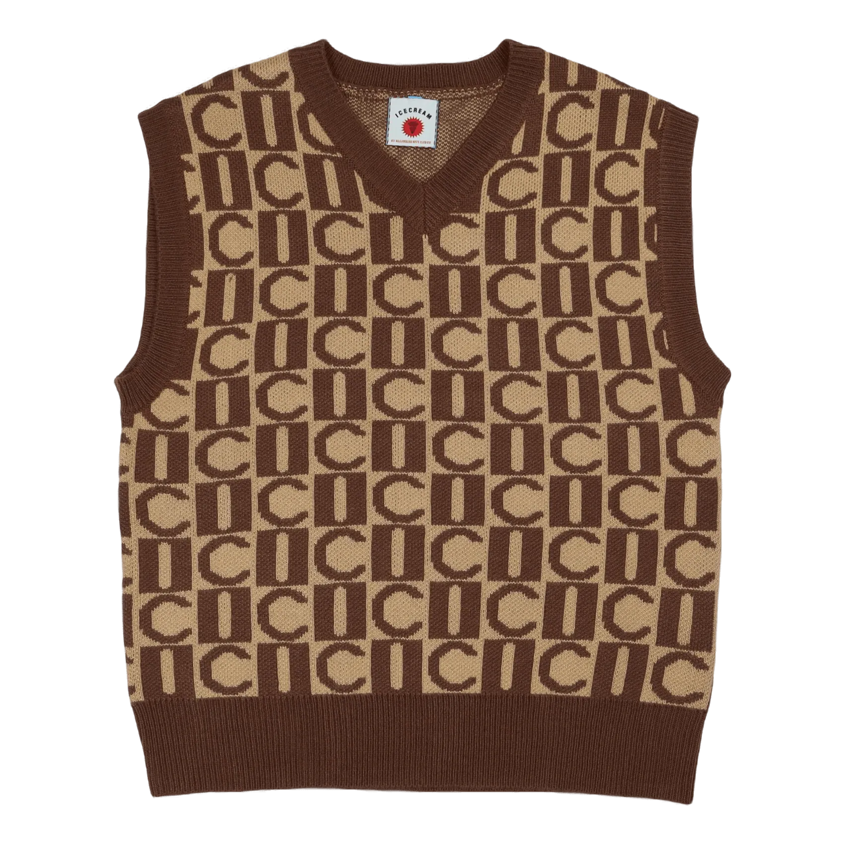 Checker V-neck Knitted Vest Brown