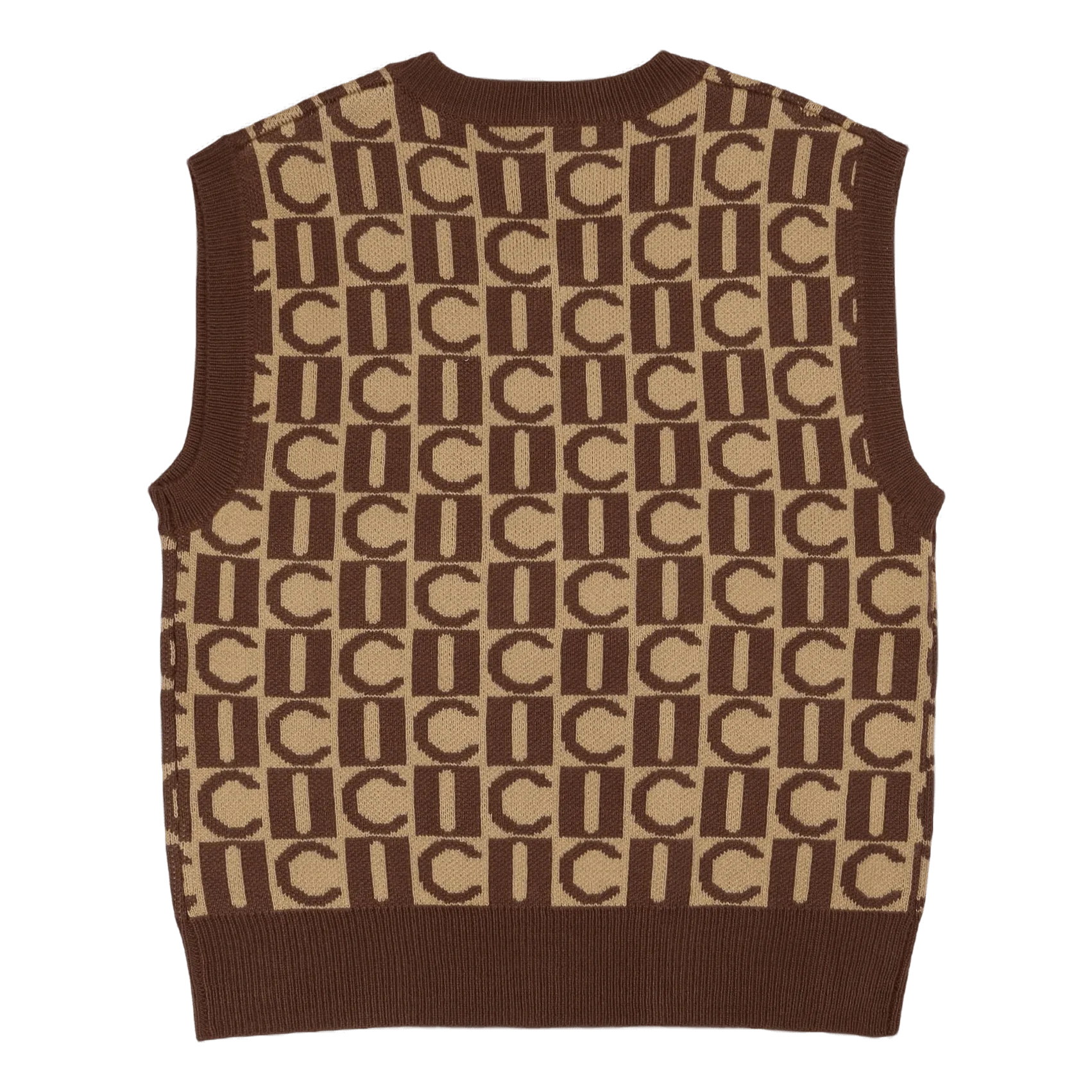 Checker V-neck Knitted Vest Brown