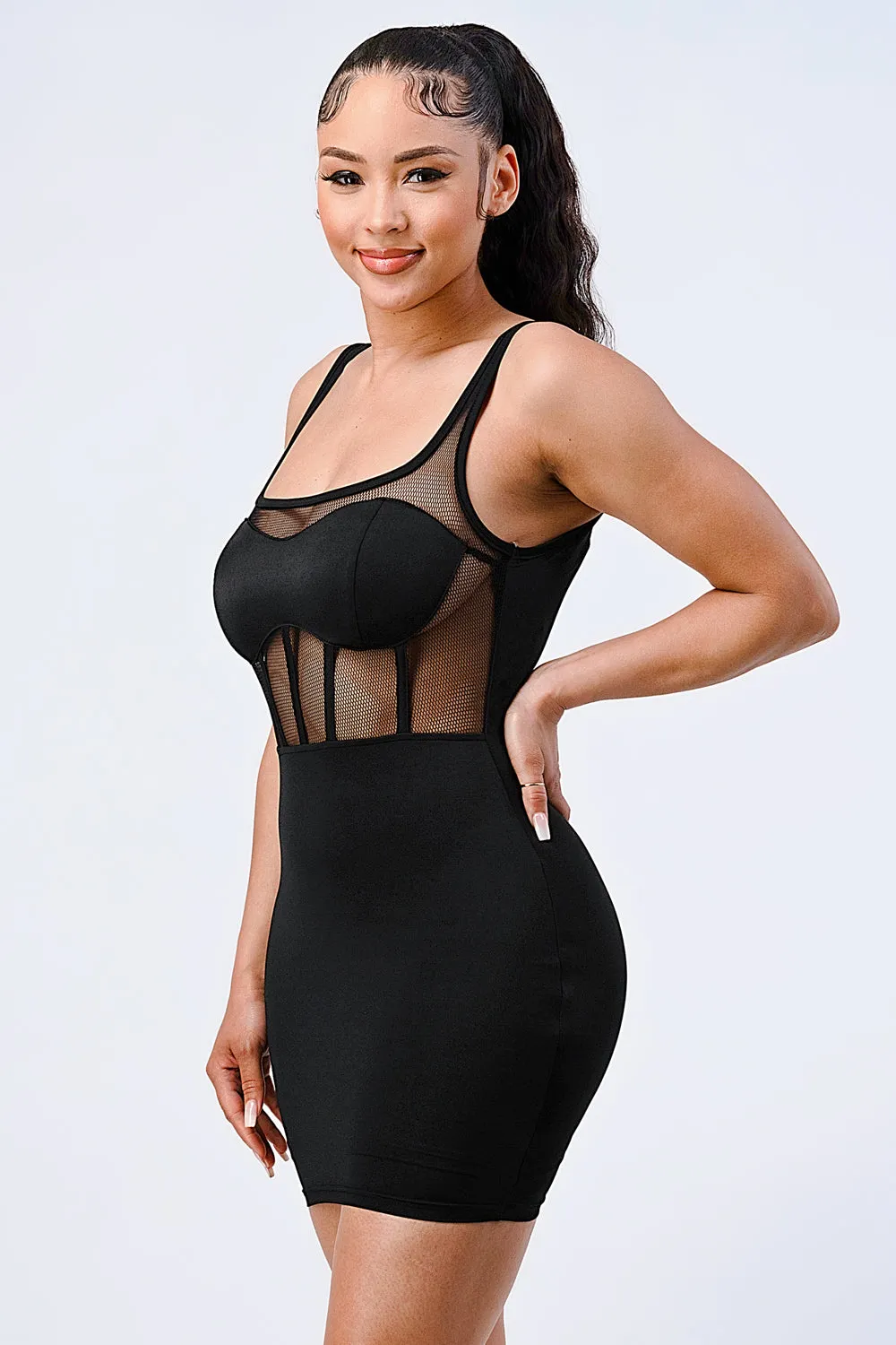 CHIC FISHNET BRA CONTRAST BODYCON DRESS