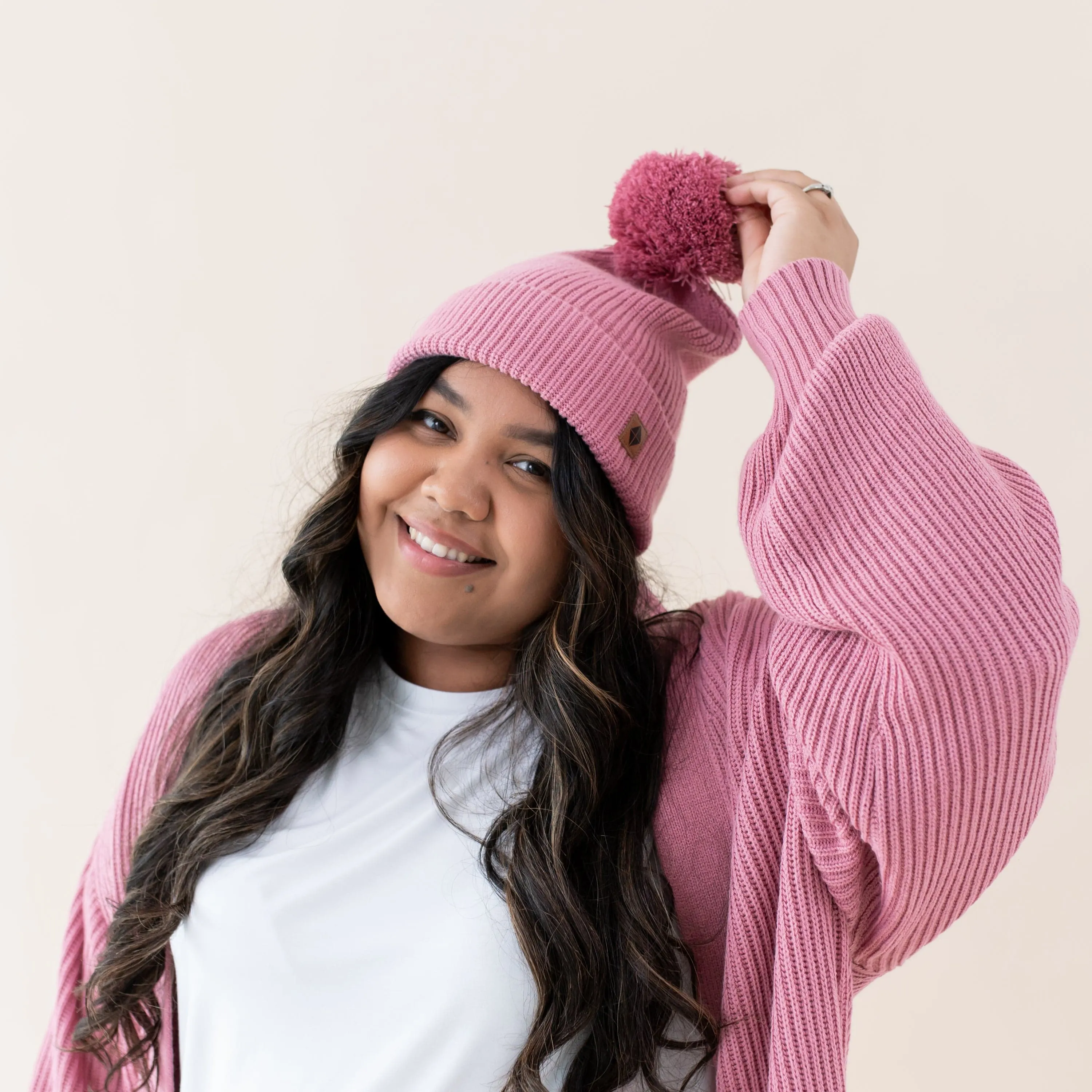 Chunky Knit Adult Pom Beanie in Apple Blossom