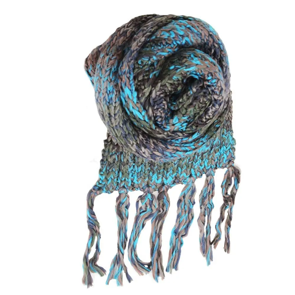 Chunky Marbled Knit Muffler With Fringe - Teal