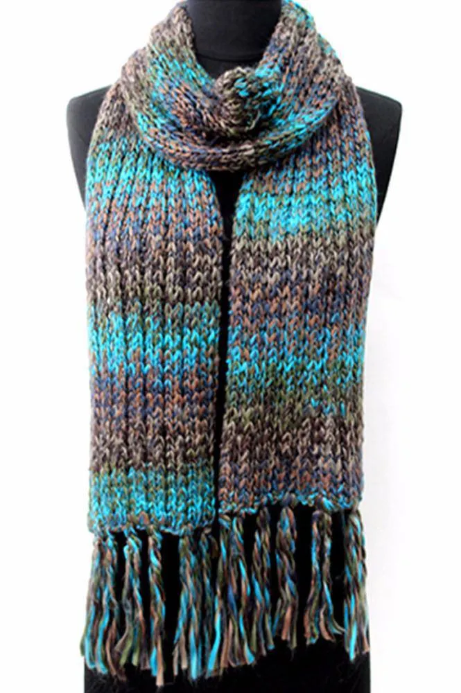 Chunky Marbled Knit Muffler With Fringe - Teal