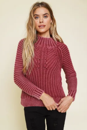 Chunky Ribbed Washed Mock Neck Slouchy Sweater