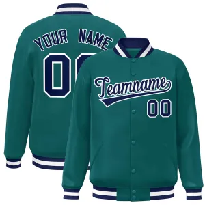 Custom Aqua Navy-White Classic Style Varsity Full-Snap Letterman Jacket