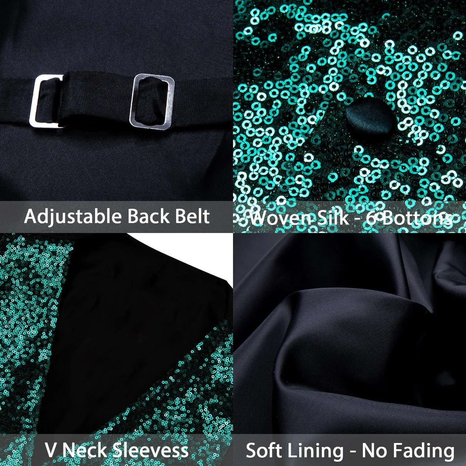 Dark Green Sequins Silk Men's Vest Hanky Cufflinks Bow Tie Set