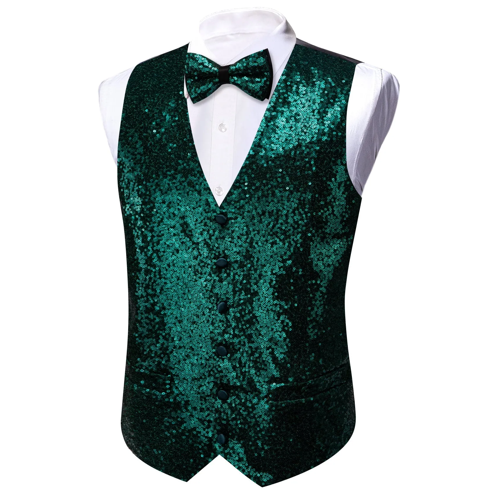 Dark Green Sequins Silk Men's Vest Hanky Cufflinks Bow Tie Set