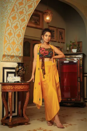 Dilruba coco brown yellow rangeen sitara tie up top with drape skirt cape set