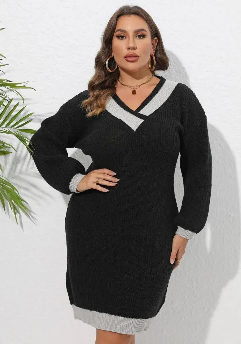 Feel confident and trendy in our Plus Size Colorblock V-neck Knit Dress!