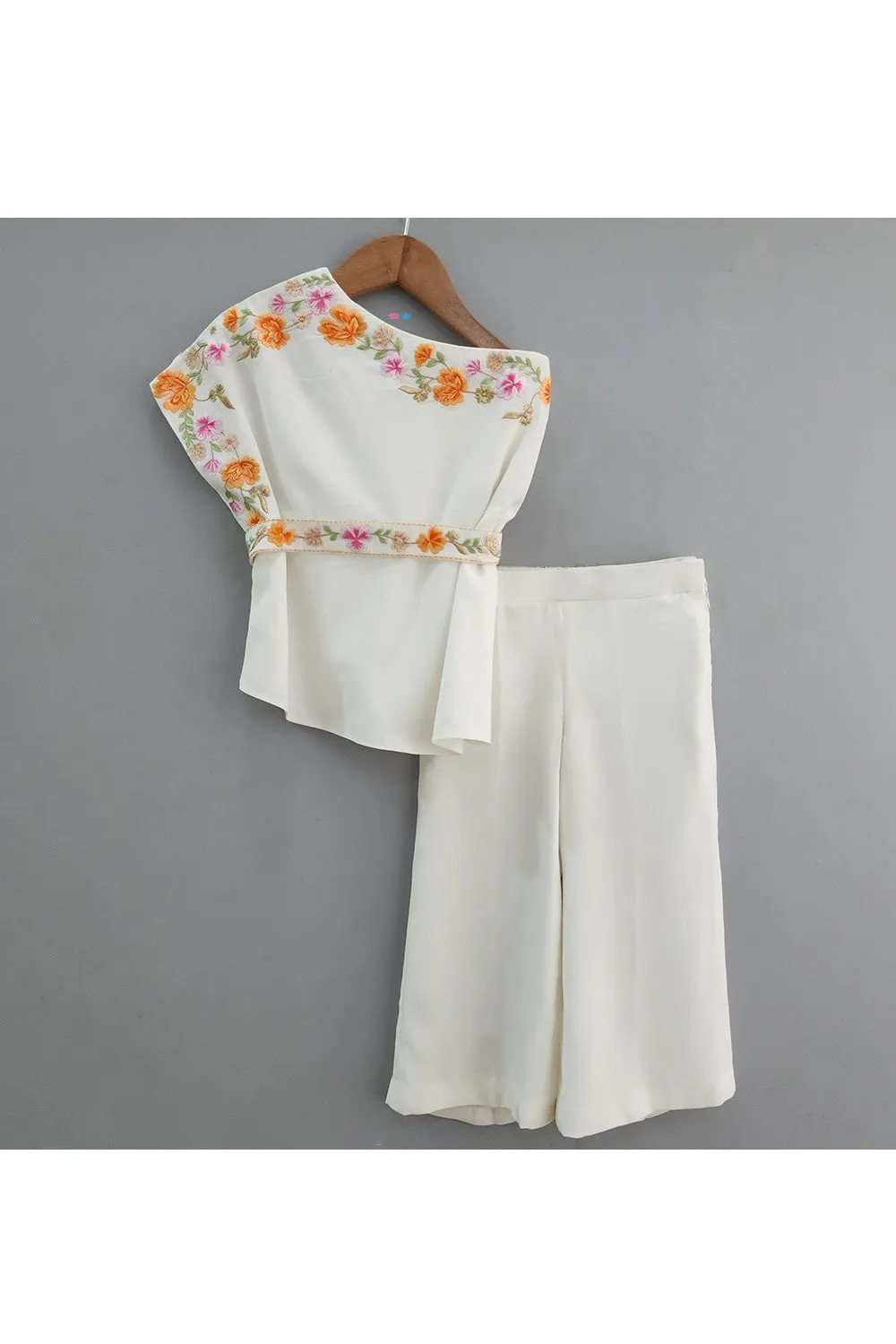 Flower Embroidered One Shoulder Cape With Belt And Palazzo Set