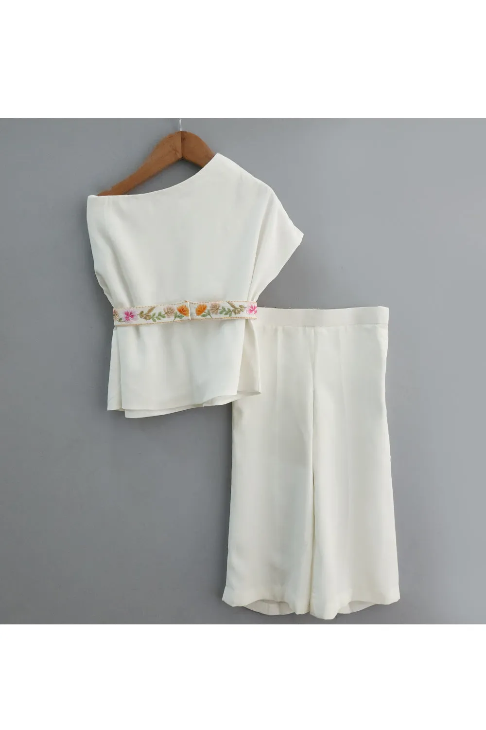 Flower Embroidered One Shoulder Cape With Belt And Palazzo Set