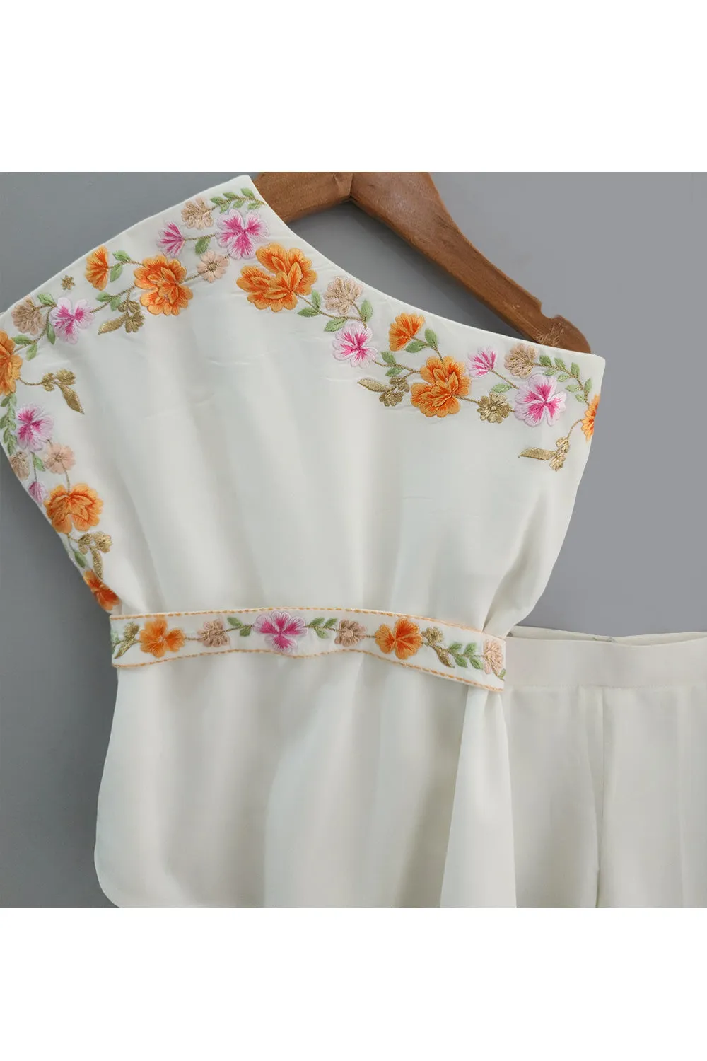 Flower Embroidered One Shoulder Cape With Belt And Palazzo Set