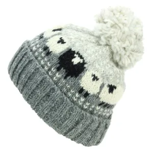 Hand Knitted Wool Beanie Bobble Hat - Sheep - Grey