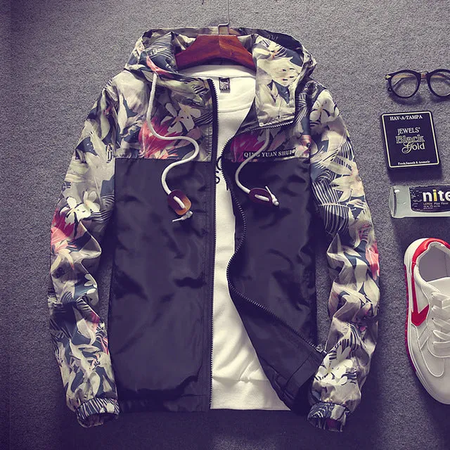 Hip Hop Style Floral Hooded Men Bomber Jacket