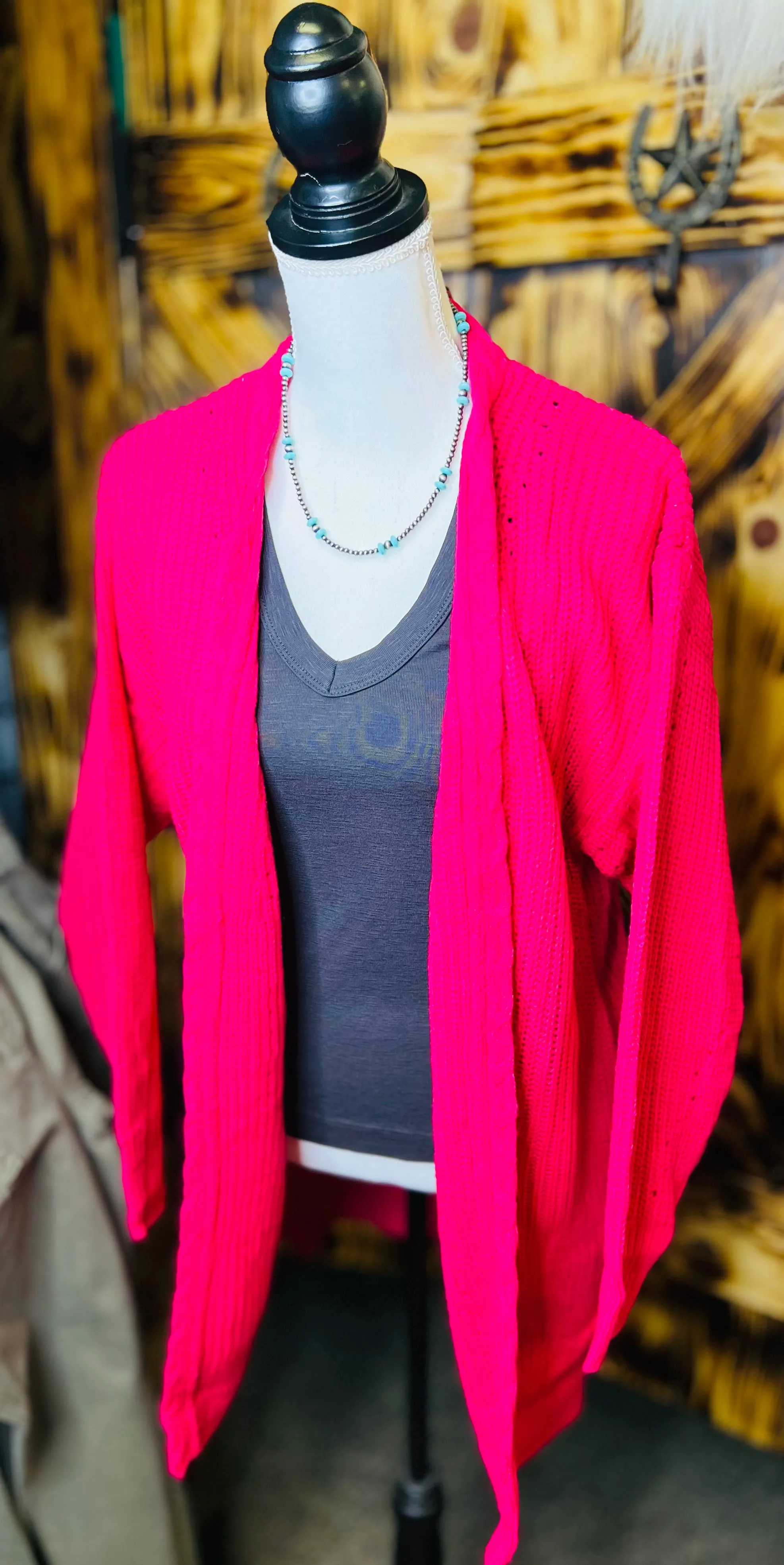 Hot Pink Cable Knit Open Cardigan