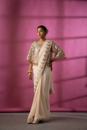 Ivory Gota Patti Saree, Blouse, Cape And Peticot