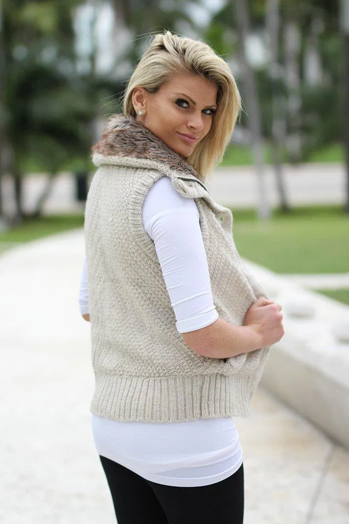 Khaki Fur Sweater Vest With Hood And Pockets