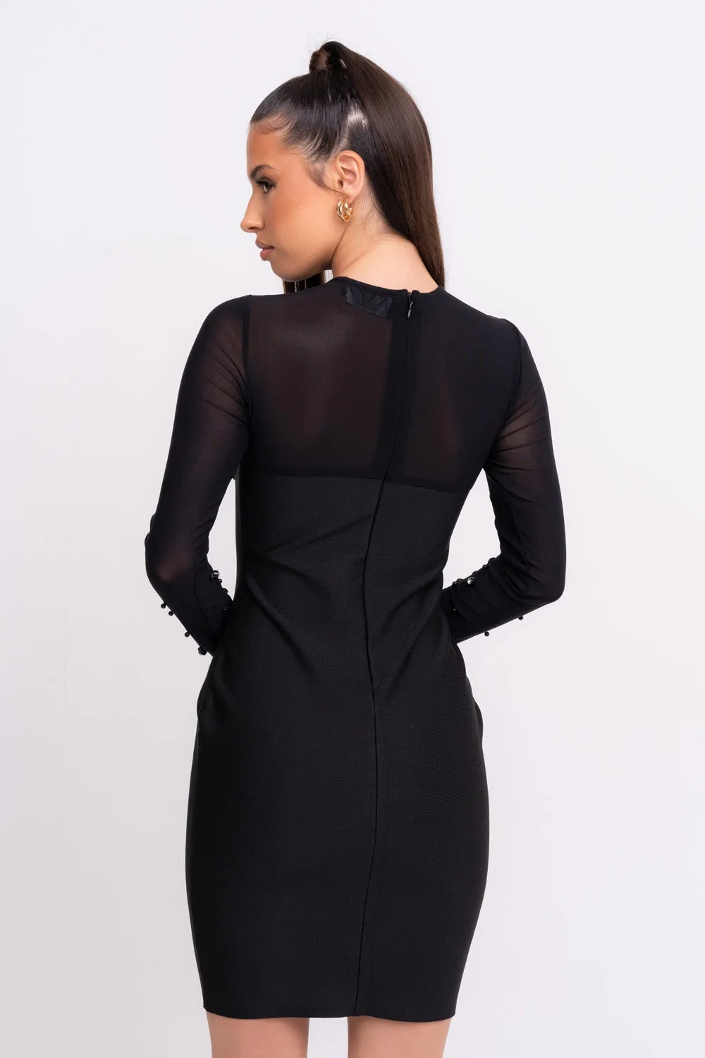 Liberty Black Sheer Neckline Diamante Bandage Long-sleeve Bodycon Dress