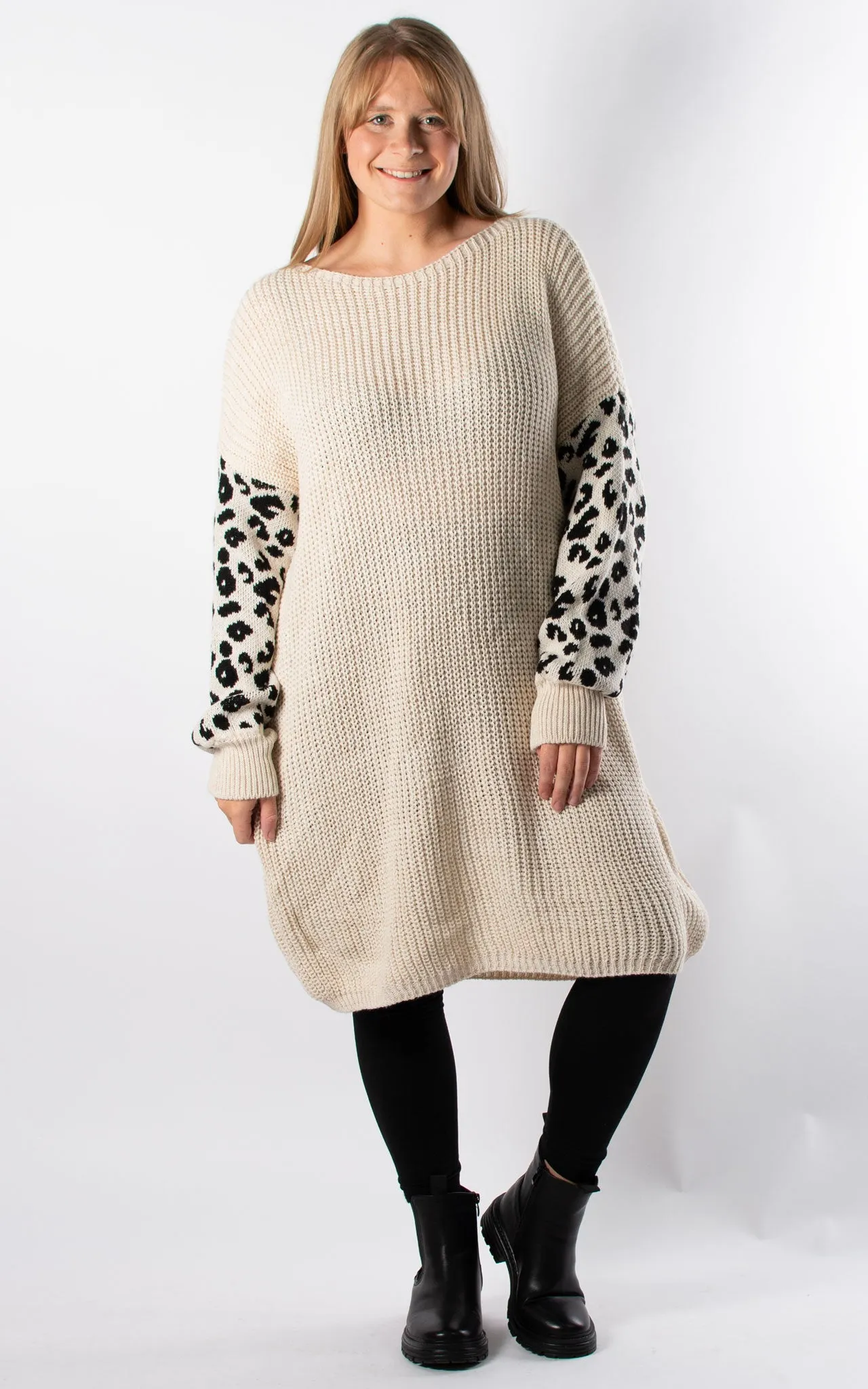 Lily Leopard Sleeve Tunic Jumper | Oat