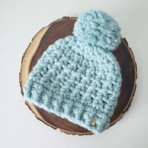 Luxury Beanie in Aquamarine, 100% Wool Hat with Large Pom