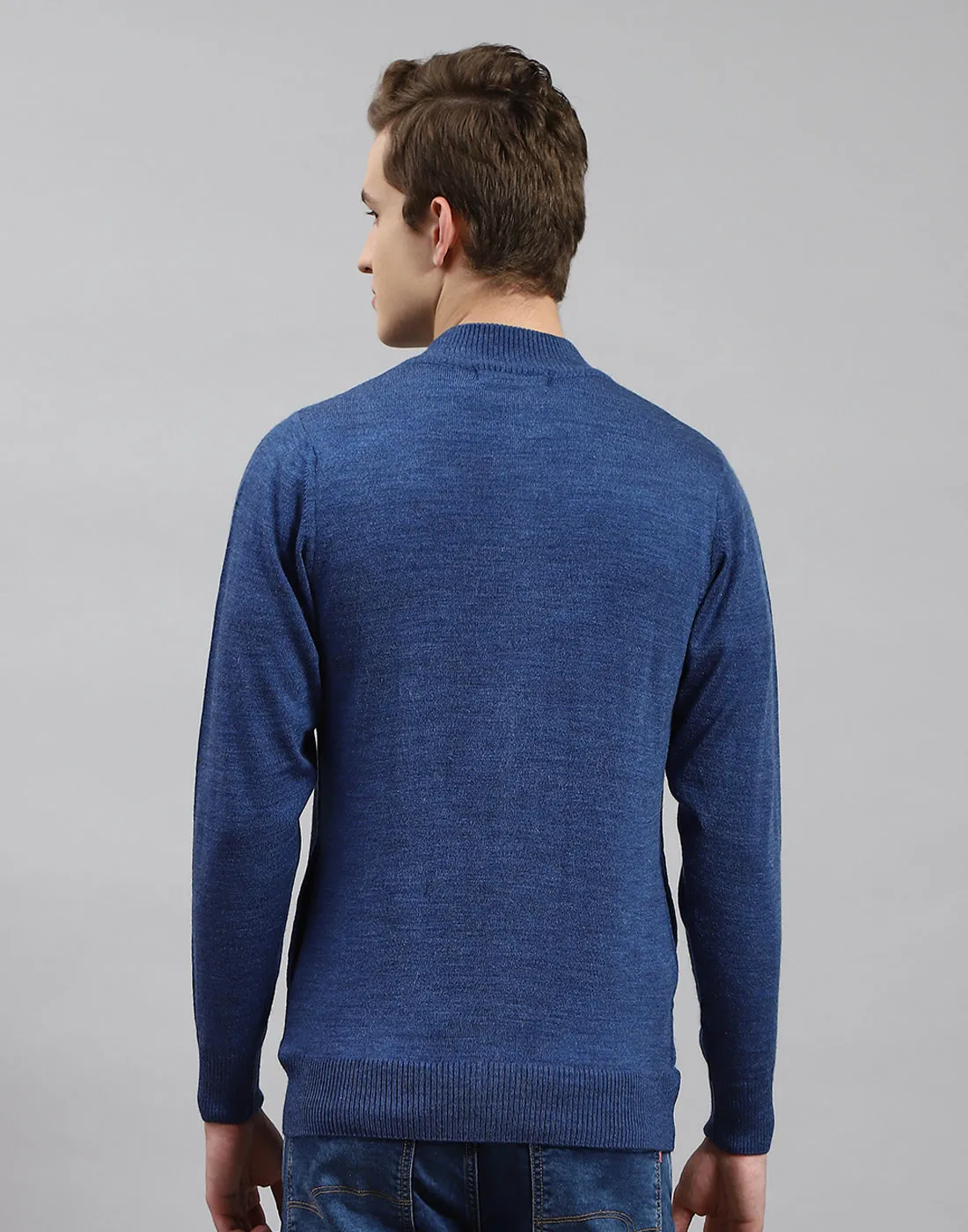 Men Blue Solid Stand Collar Full Sleeve Pullover